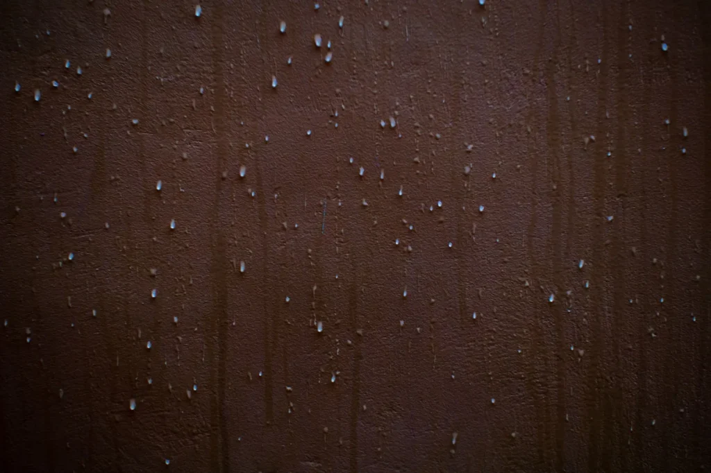 Condensation beading and a dark damp patch on the plaster of a cold interior wall corner
