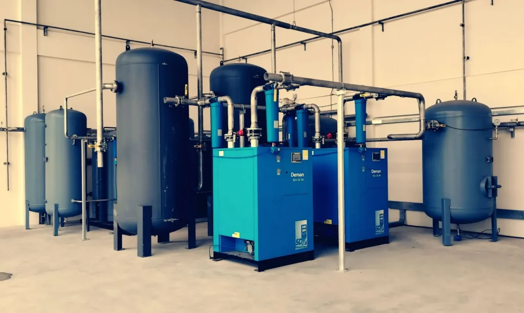 A portable compressor dehumidifier running on a basement floor with a drain hose