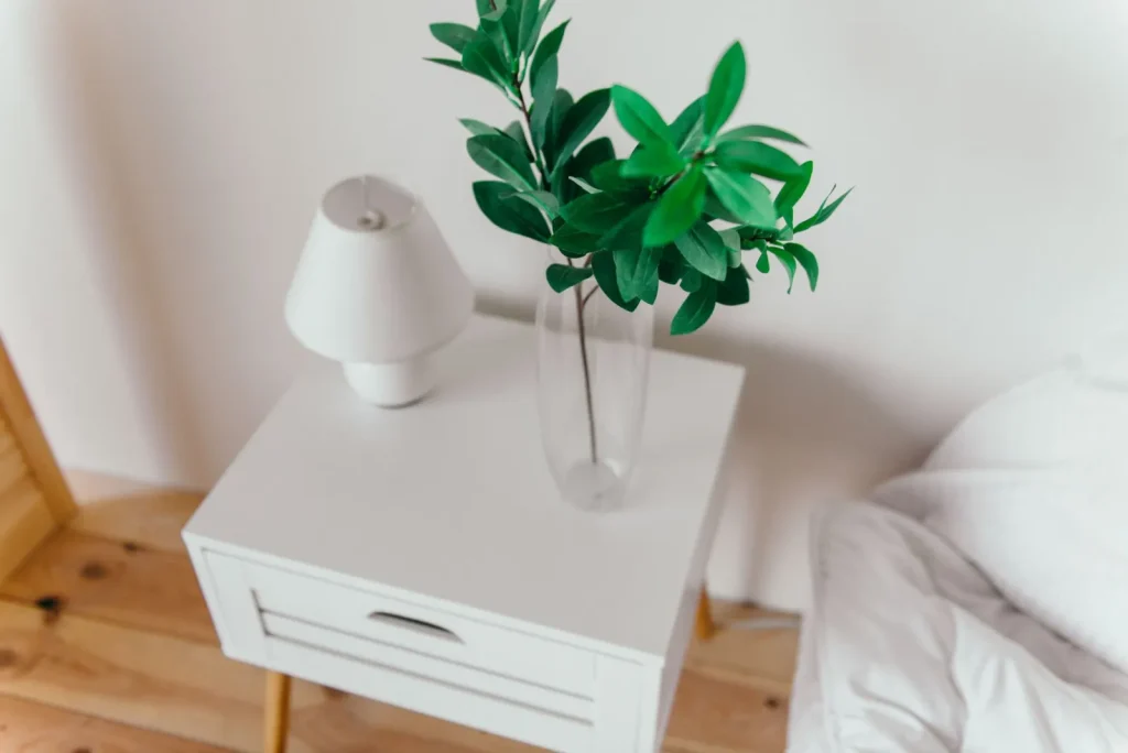 Fine white mineral dust settled on a dark wood surface near an ultrasonic humidifier