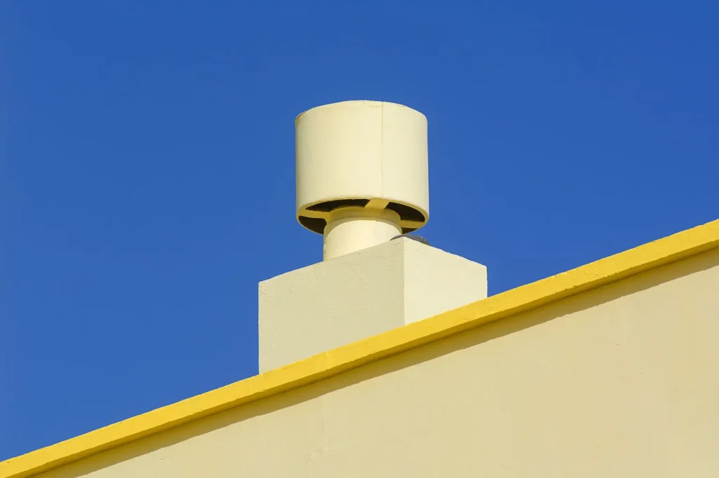 Insulated bathroom exhaust duct running to a roof vent cap outdoors