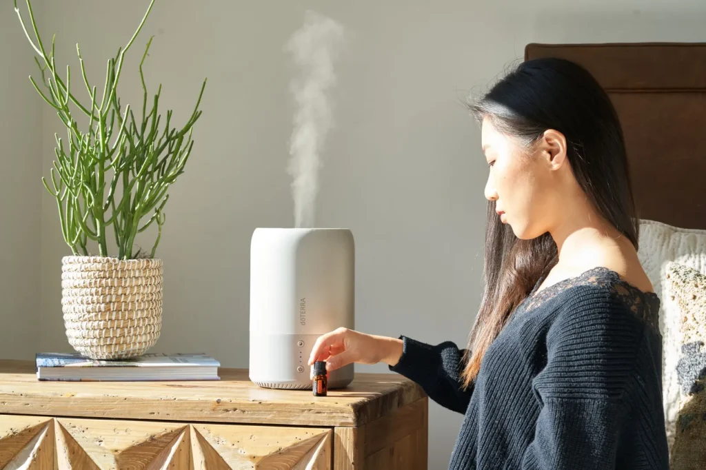 A person removing the damp wick filter from an evaporative humidifier for replacement