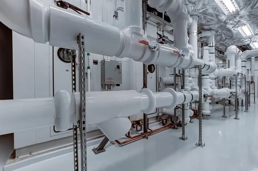A heat recovery ventilator mounted in a basement with insulated intake and exhaust ducts connected