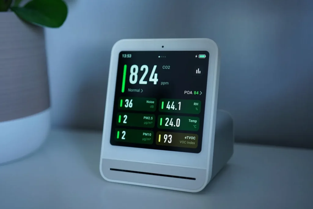 A home air quality monitor on a shelf displaying PM2.5 and VOC readings on its screen