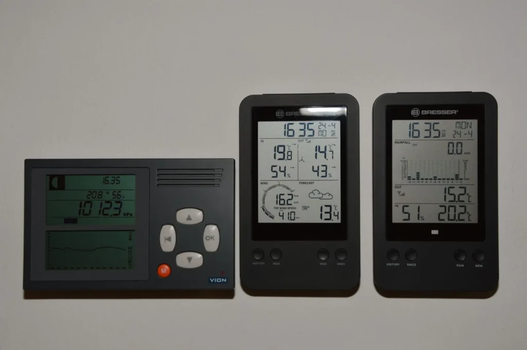 A small digital hygrometer showing a relative humidity reading in a home