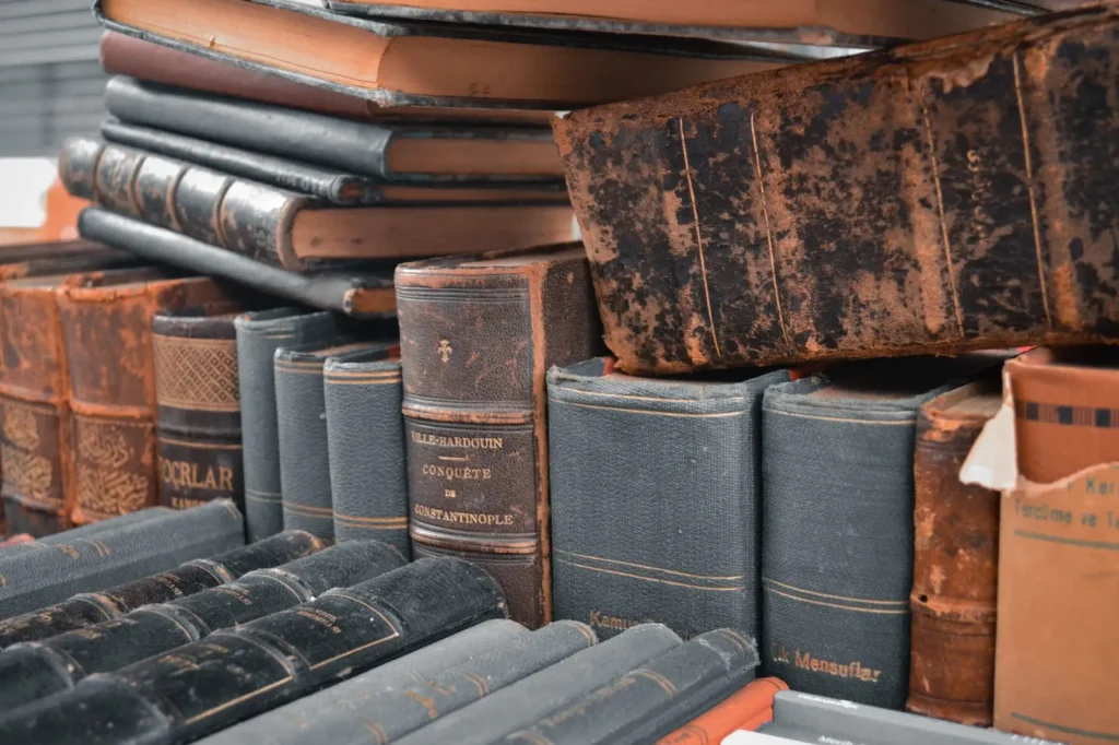 Antique leather-bound books stored upright on a wooden shelf in a stable interior room