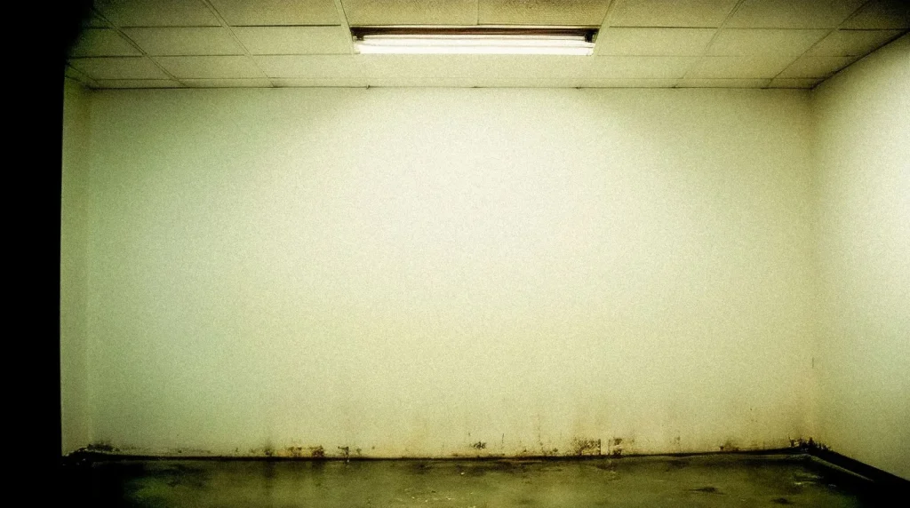 A basement concrete wall showing dark moisture staining and white efflorescence near the floor