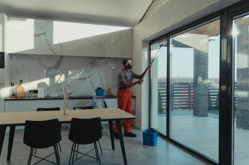 A hand using a squeegee to clear water from a glass shower door