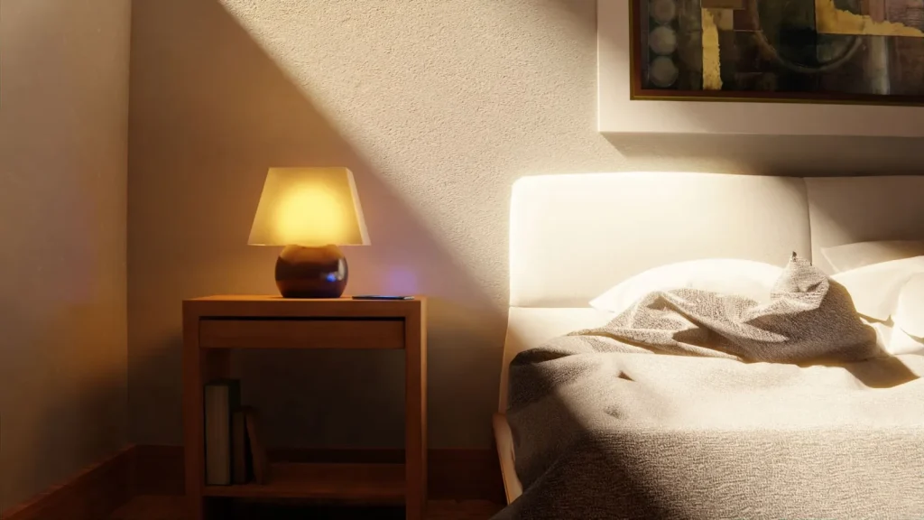 A small steam vaporizer humidifier releasing warm mist on a bedroom nightstand