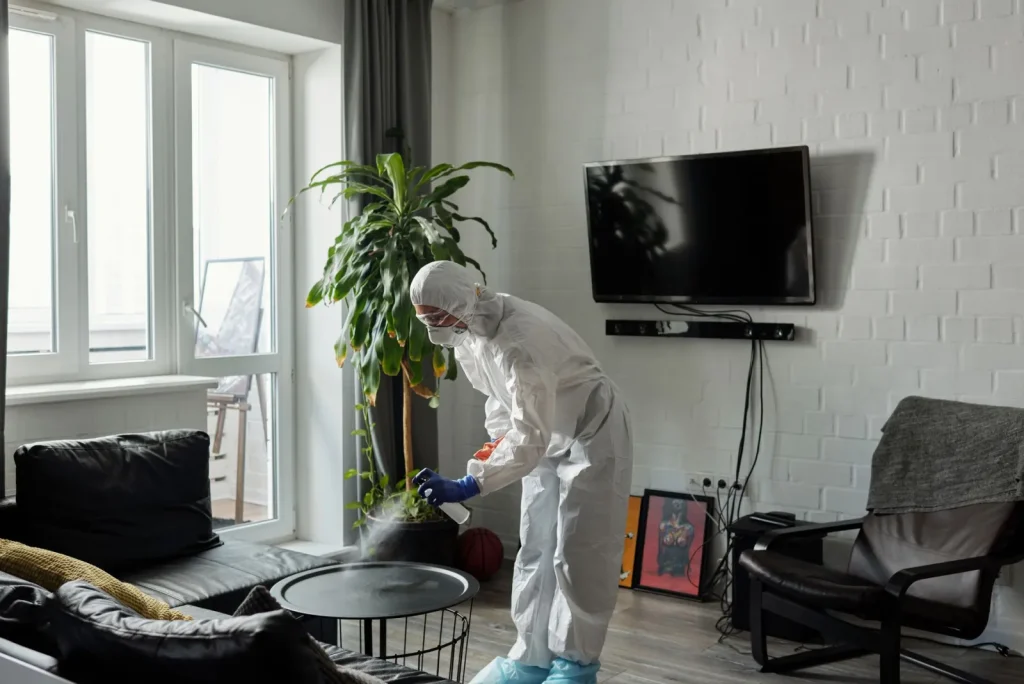 Humidifier releasing mist into open living room space away from furniture and electronics